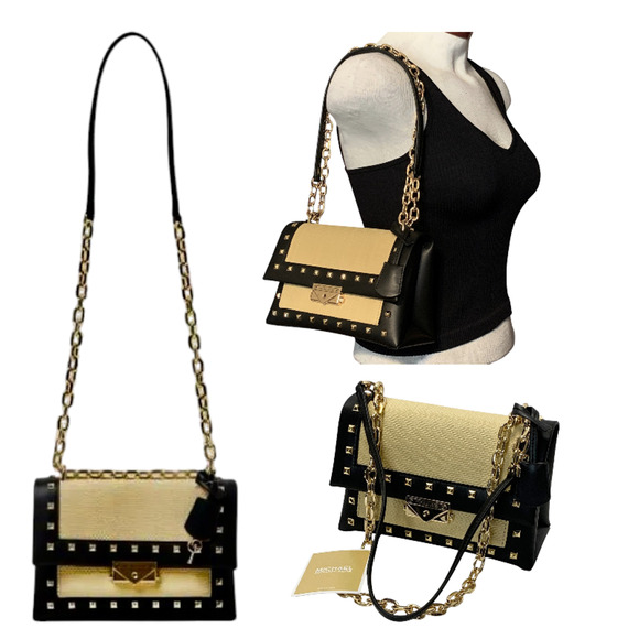 Michael Kors Shoulder Bag Cece Medium Flap Chain Beige Black NWT $538 MSRP - Picture 1 of 16